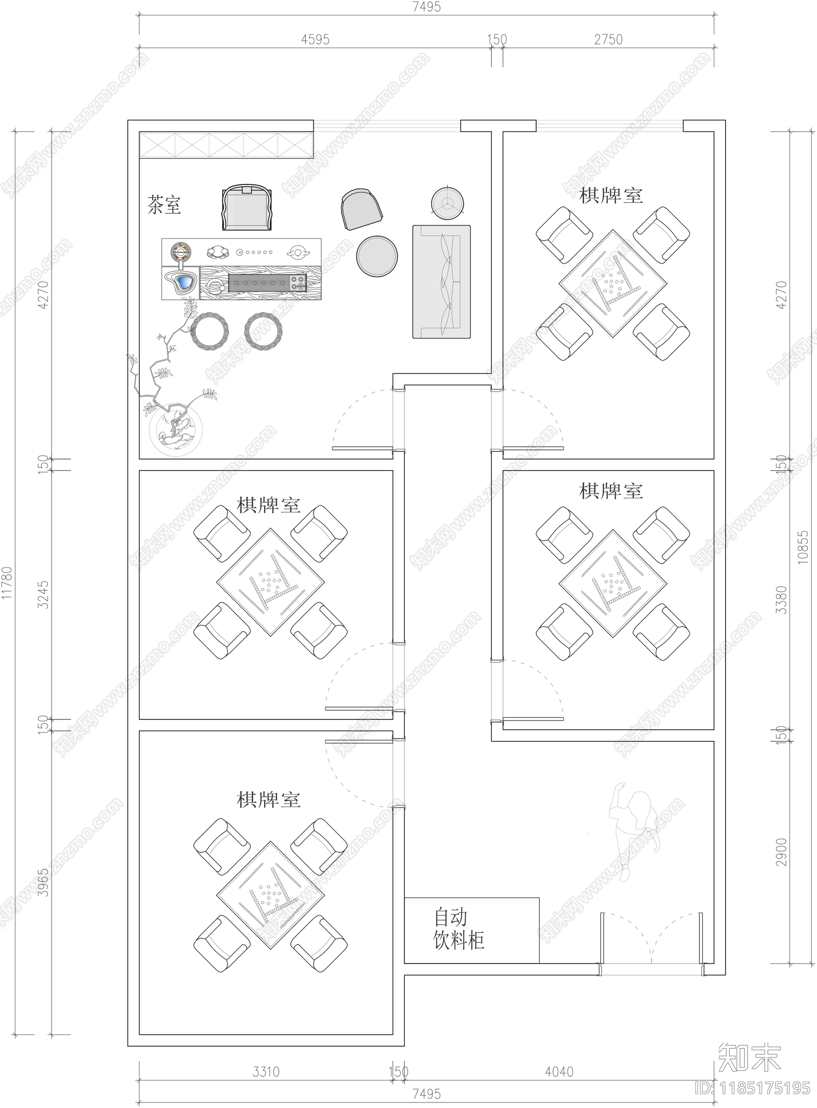 现代棋牌室cad施工图下载【ID:1185175195】