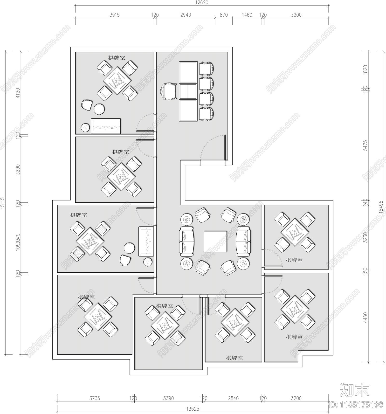 现代棋牌室cad施工图下载【ID:1185175198】