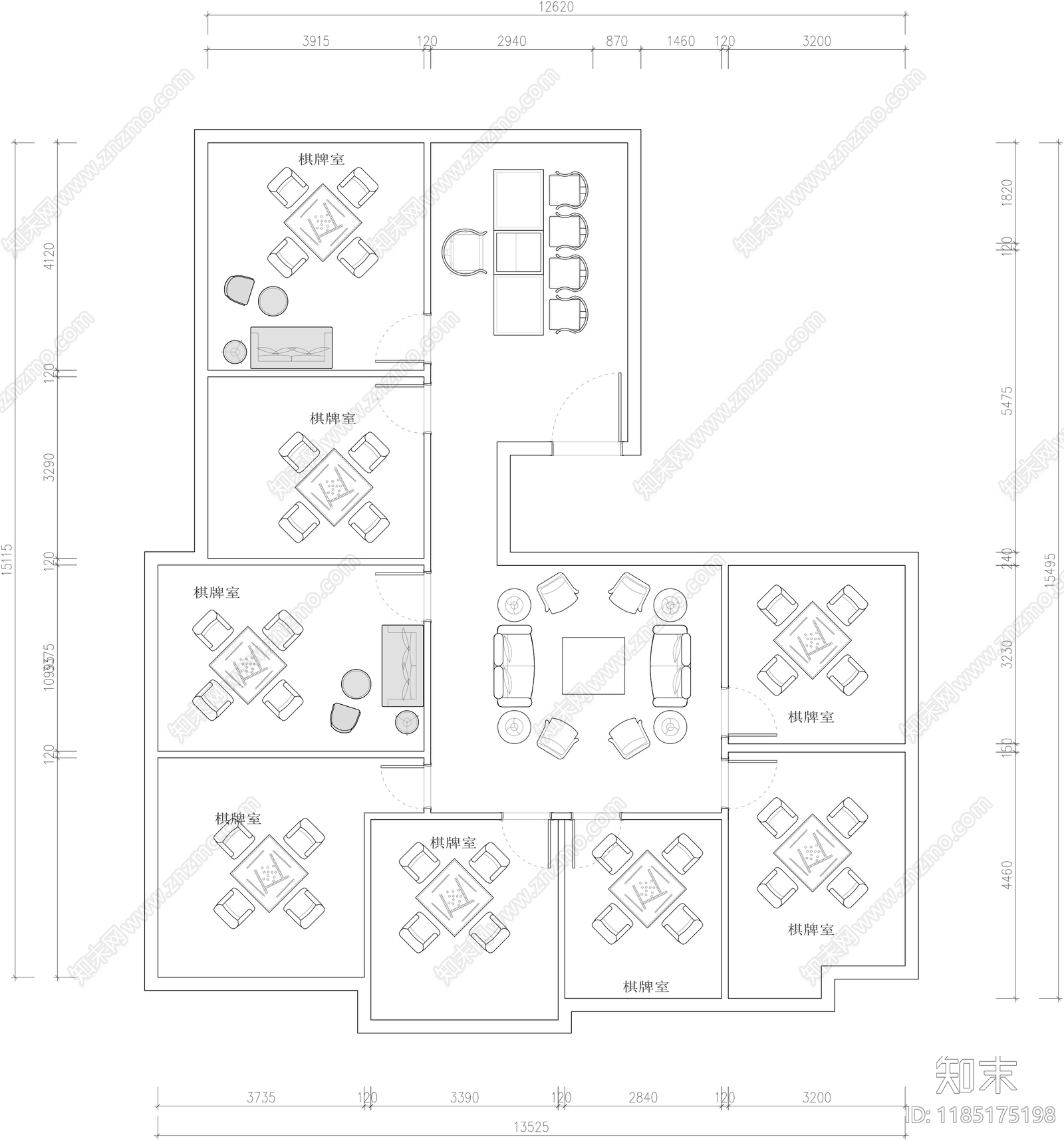 现代棋牌室cad施工图下载【ID:1185175198】