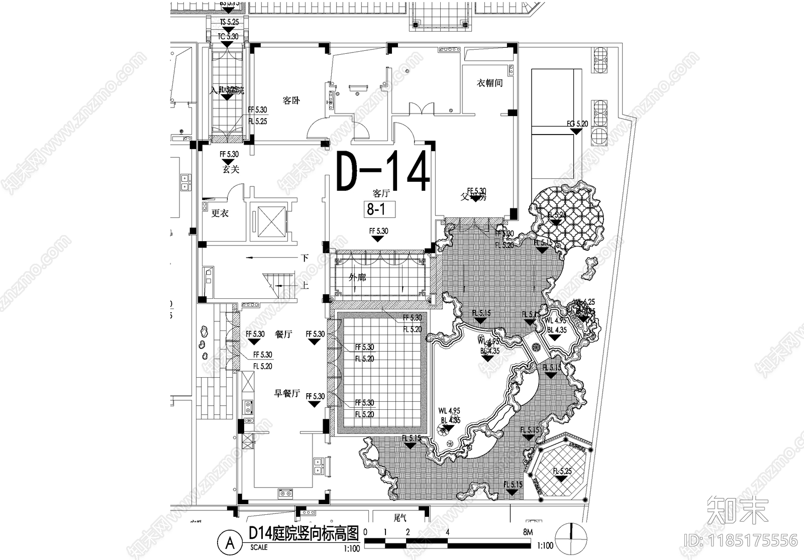 新中式庭院cad施工图下载【ID:1185175556】
