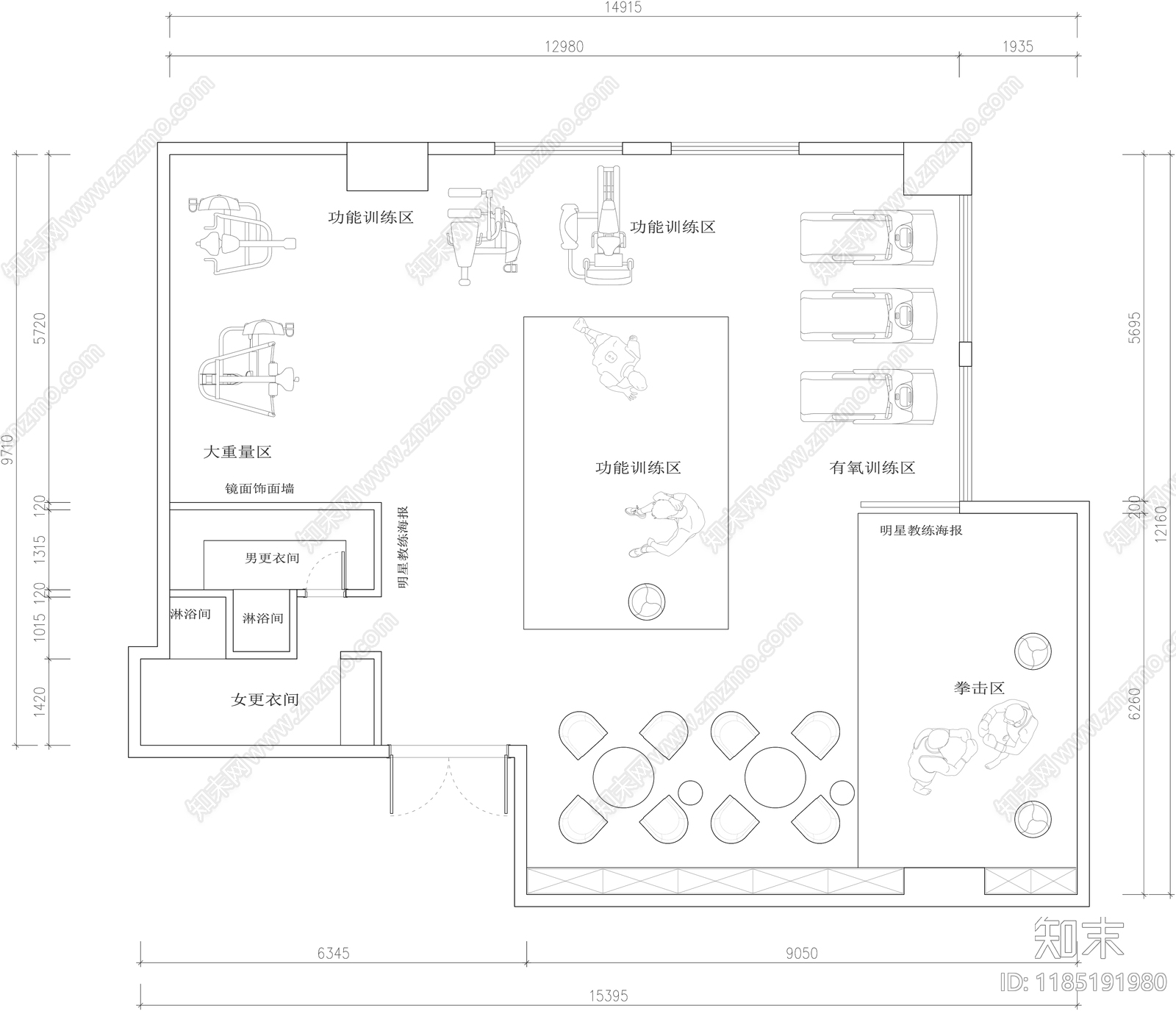 现代健身房cad施工图下载【ID:1185191980】