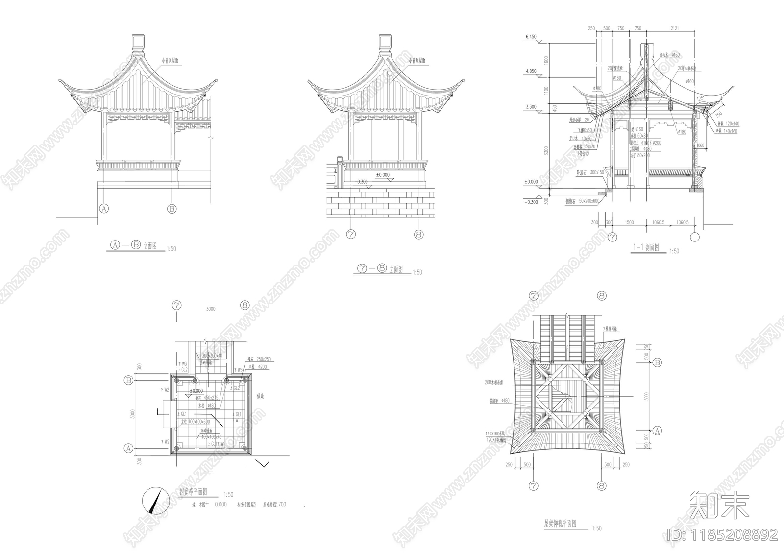 新中式中式亭子cad施工图下载【ID:1185208892】