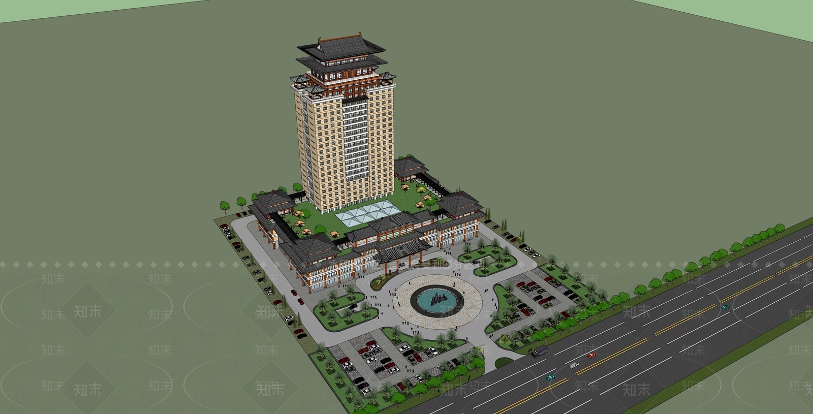 中式酒店建筑SU模型下载【ID:1185228545】