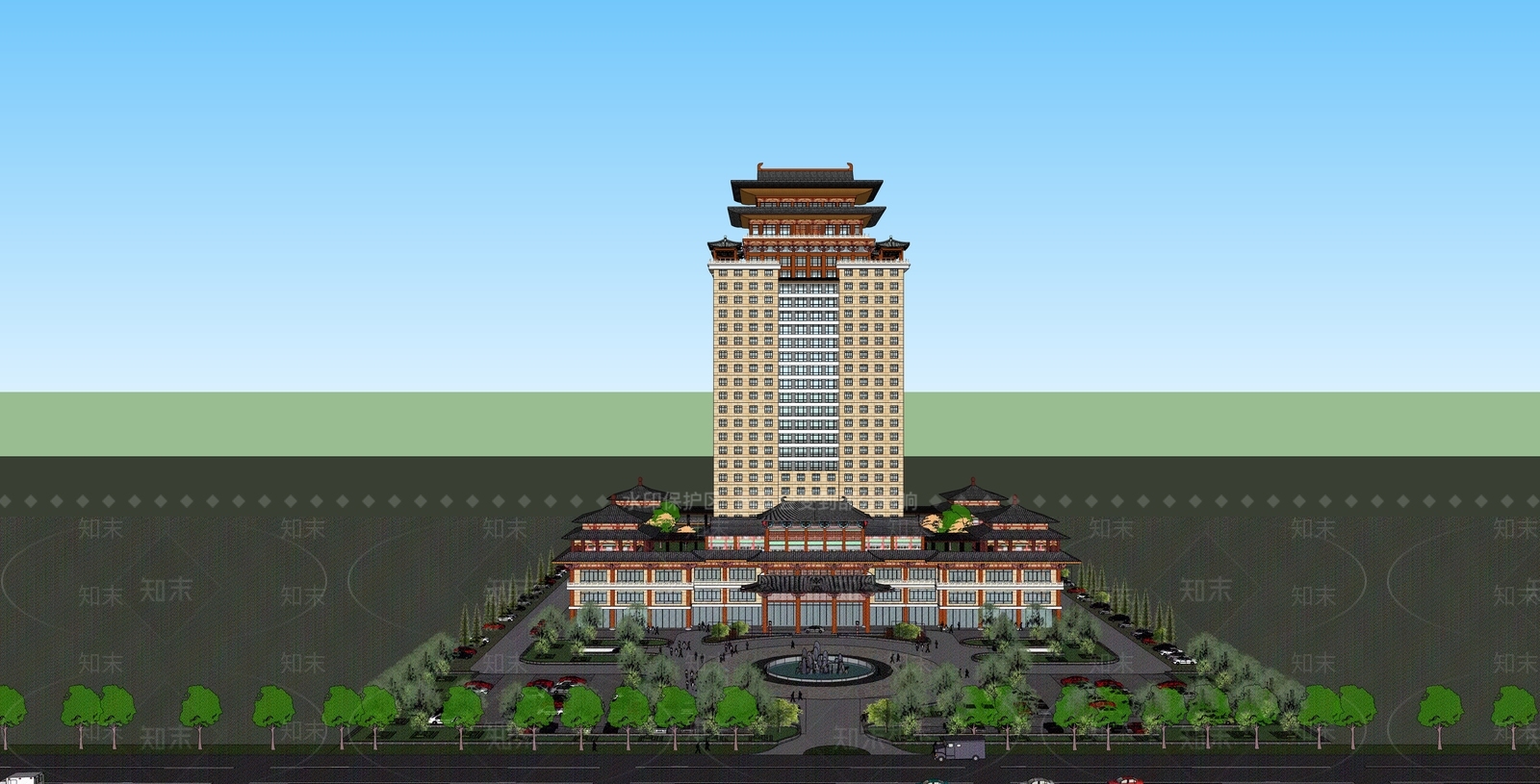 中式酒店建筑SU模型下载【ID:1185228545】