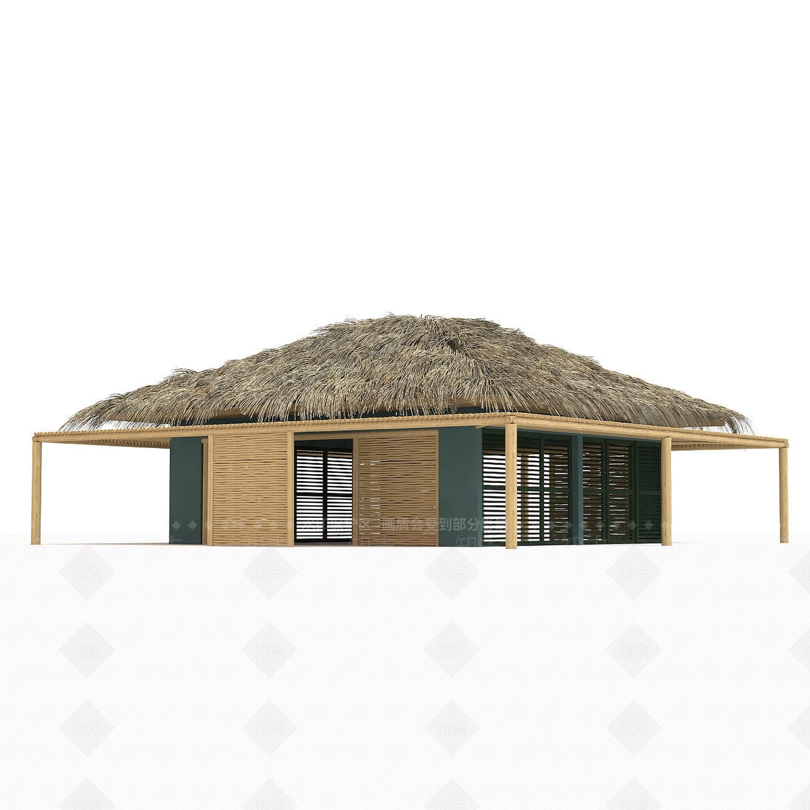 现代热带木制茅草屋顶平房3D模型下载【ID:1185277808】