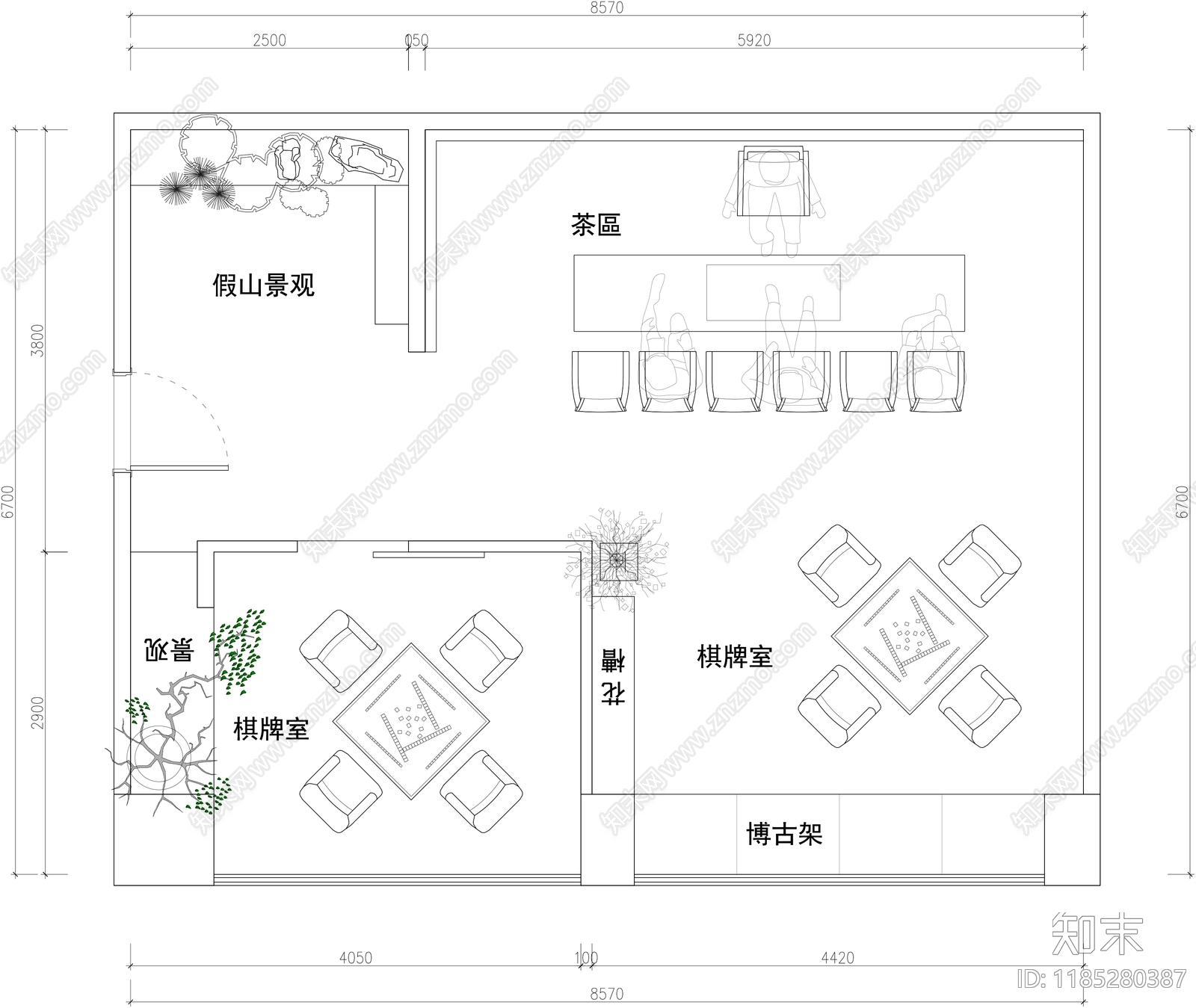 现代棋牌室cad施工图下载【ID:1185280387】