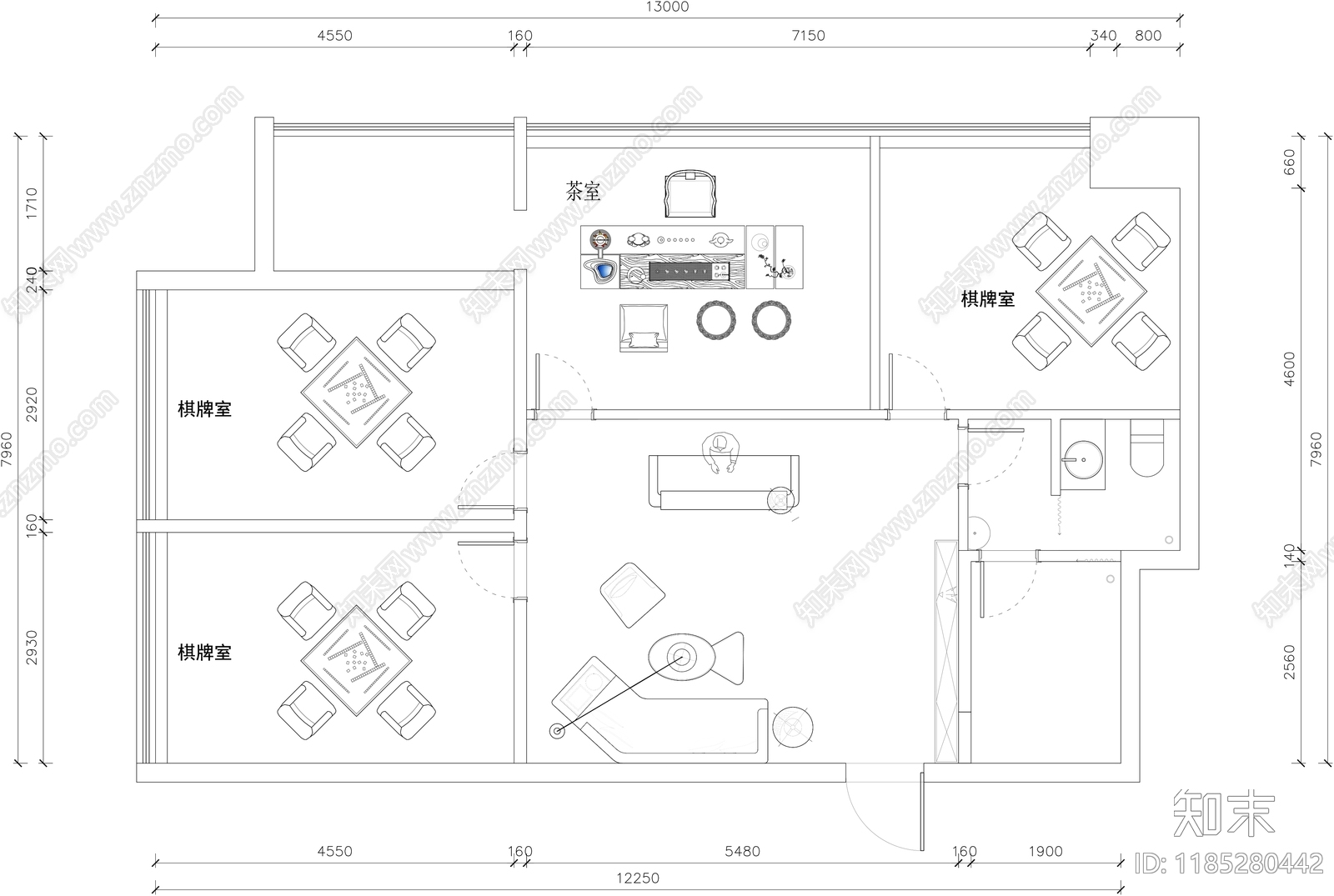 现代棋牌室cad施工图下载【ID:1185280442】
