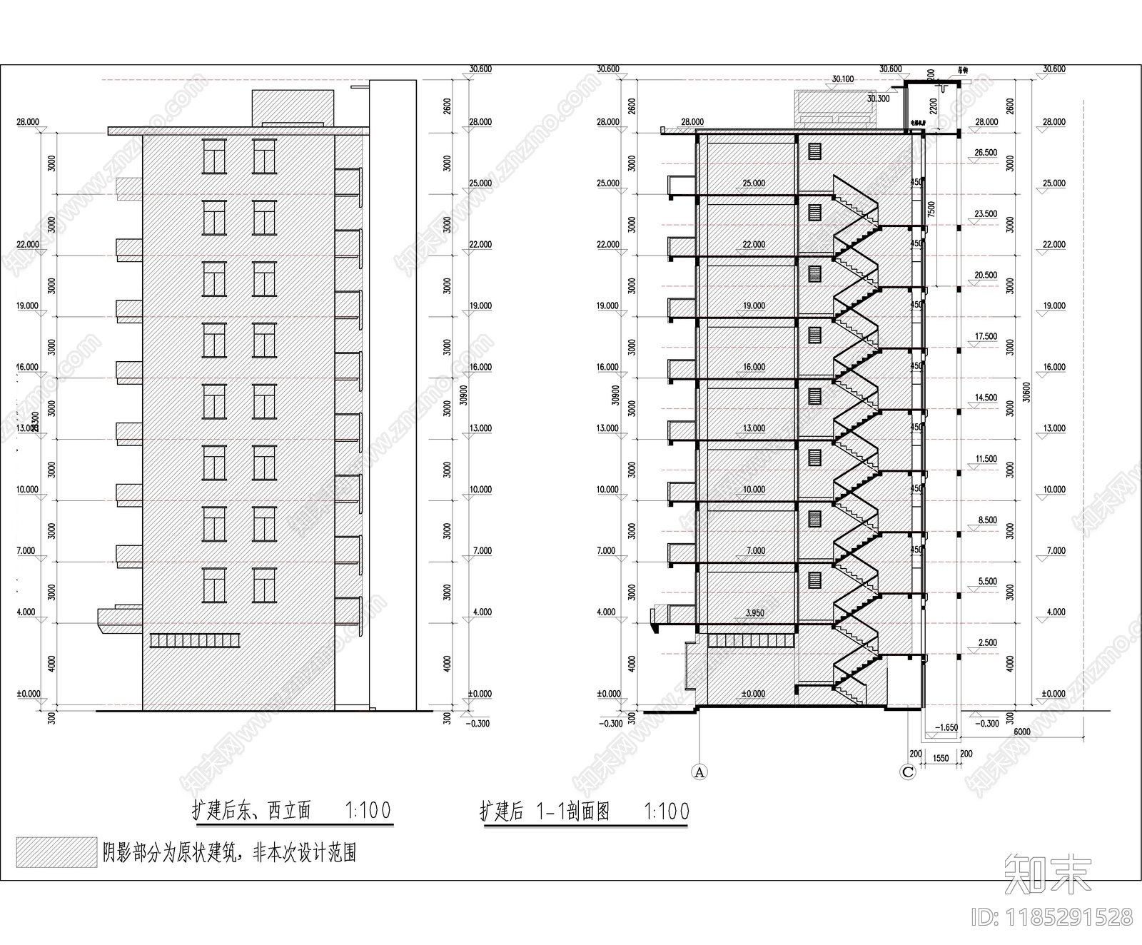 现代住宅楼建筑cad施工图下载【ID:1185291528】