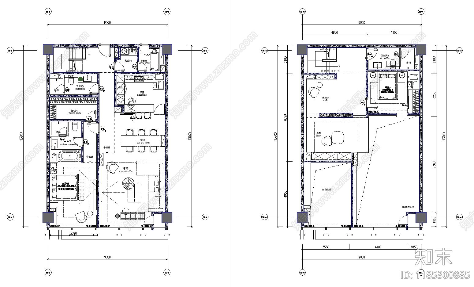 现代简约公寓cad施工图下载【ID:1185300885】