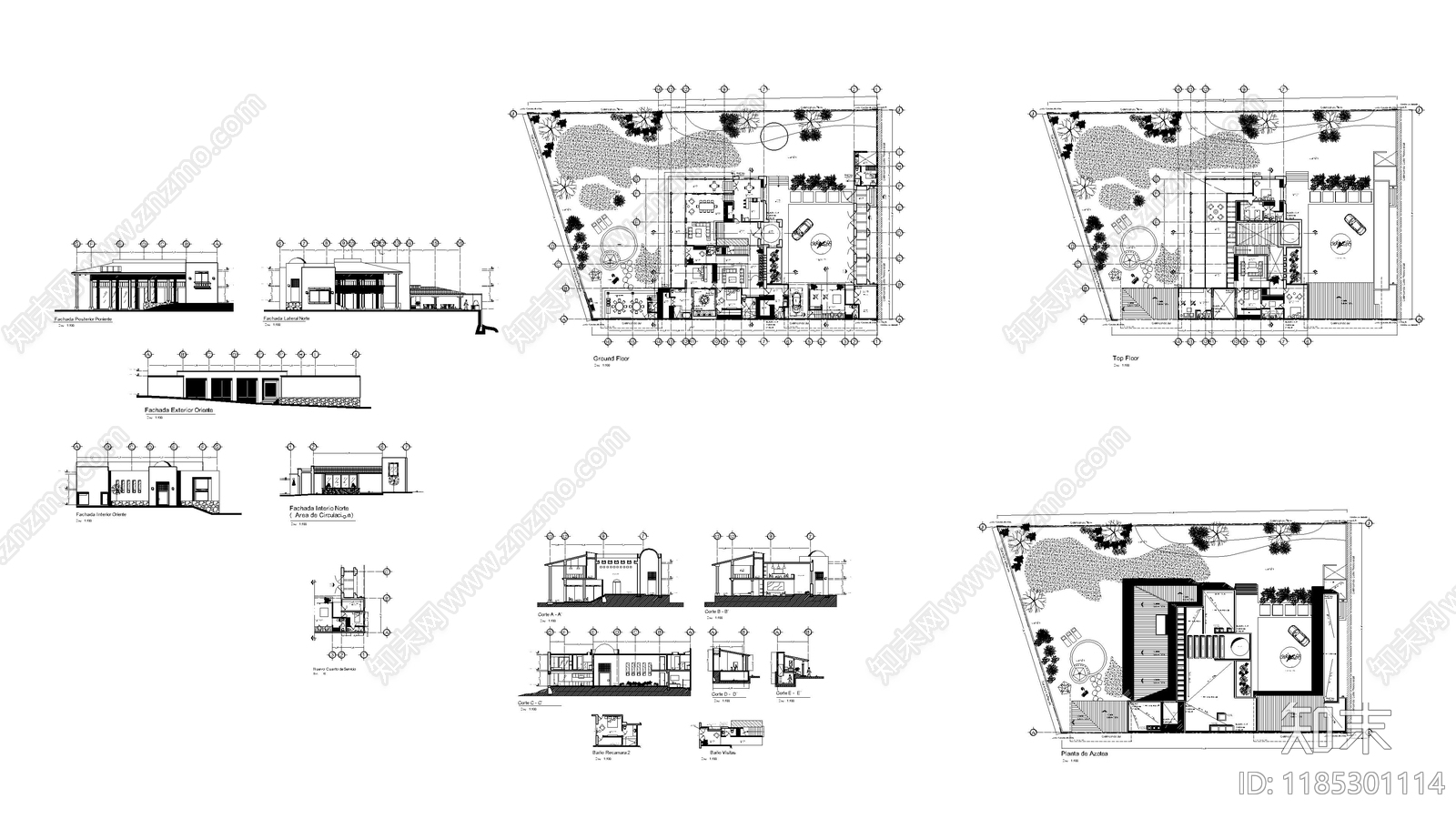 现代别墅建筑施工图下载【ID:1185301114】