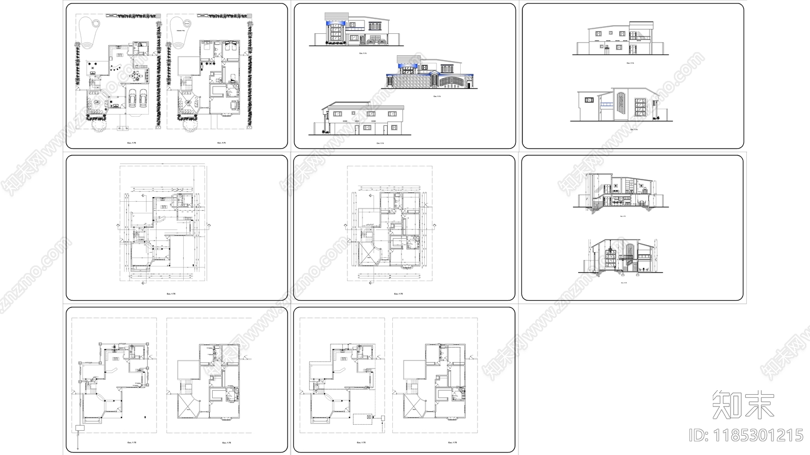 现代别墅建筑施工图下载【ID:1185301215】