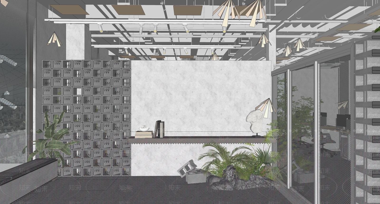 现代简约办公大堂SU模型下载【ID:1185302610】
