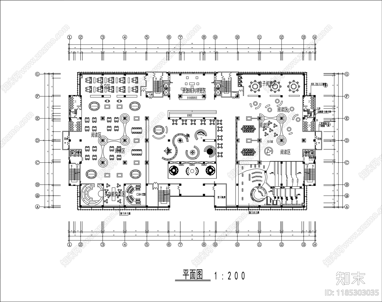 现代图书馆cad施工图下载【ID:1185303035】