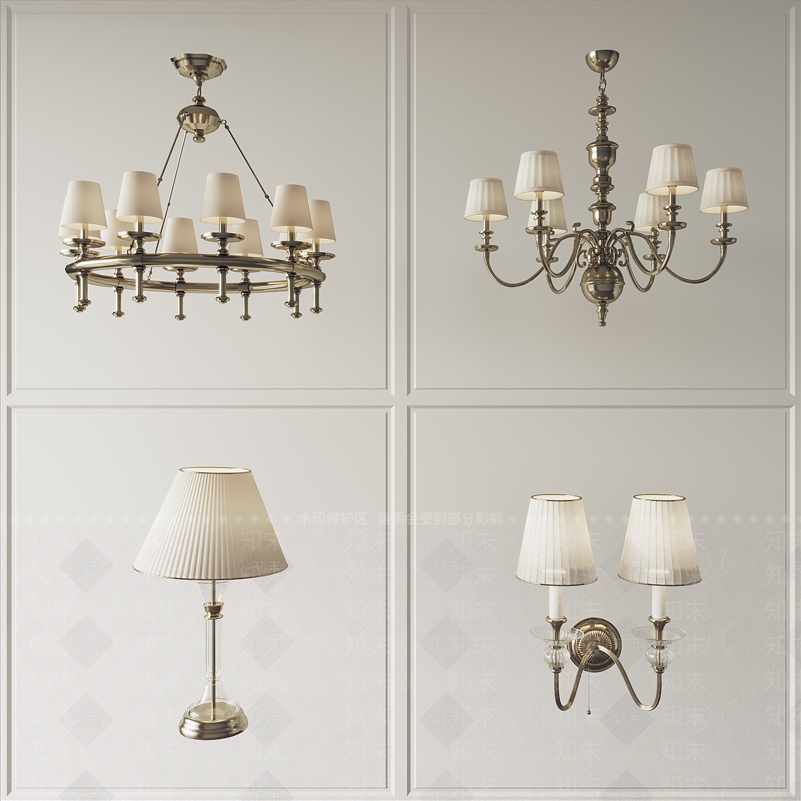 美式吊灯壁灯组合3D模型下载【ID:1185306004】