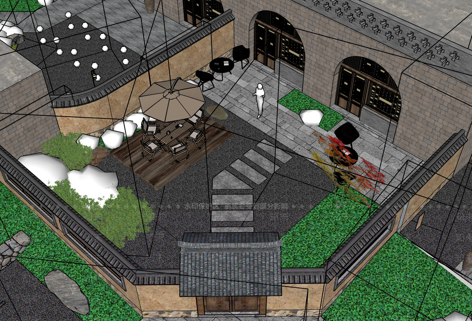 中式新中式乡村庭院SU模型下载【ID:1185351714】