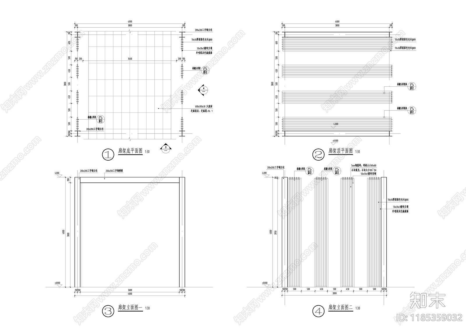 现代廊架施工图下载【ID:1185359032】