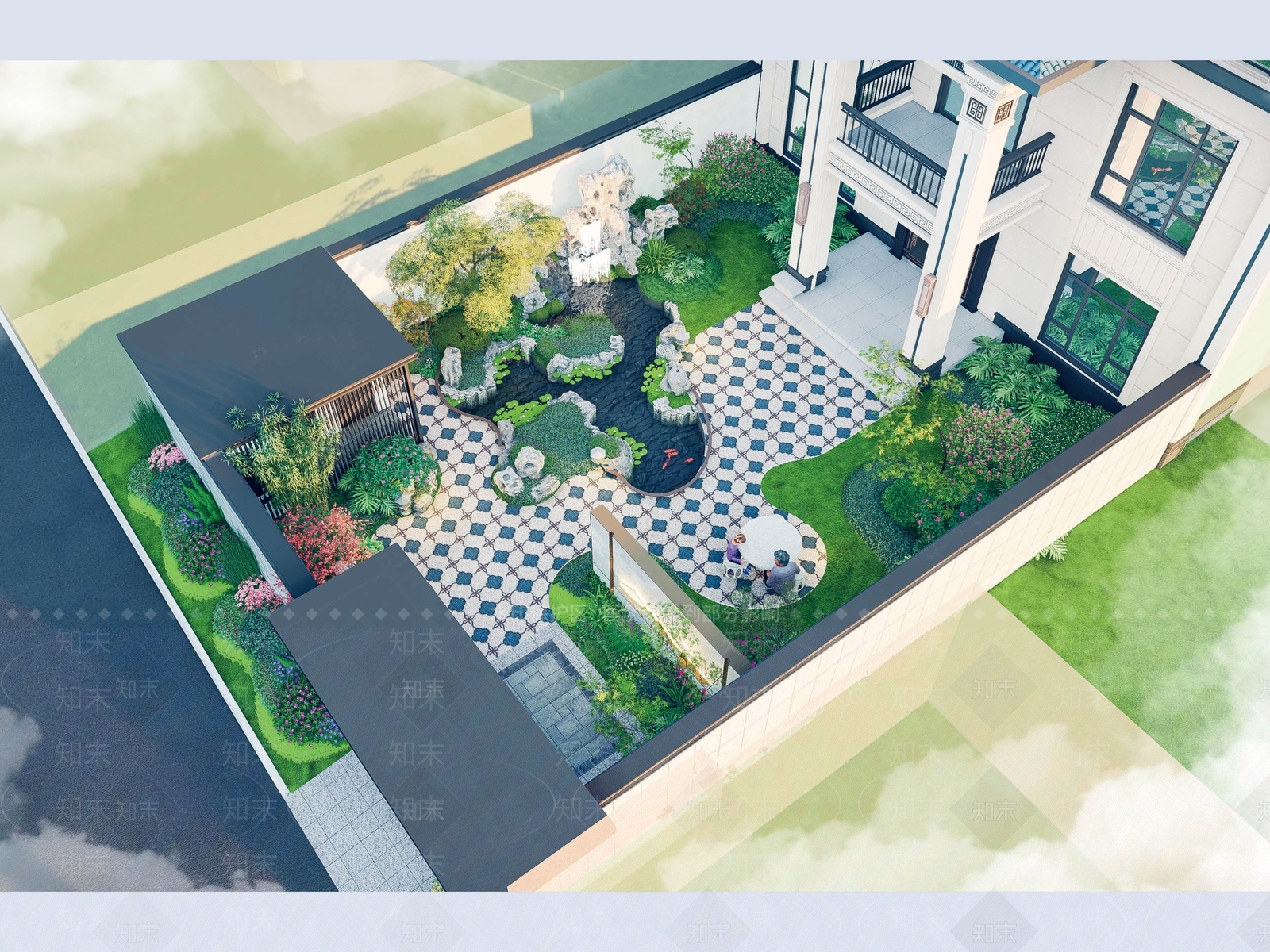 现代新中式别墅庭院SU模型下载【ID:1185377145】