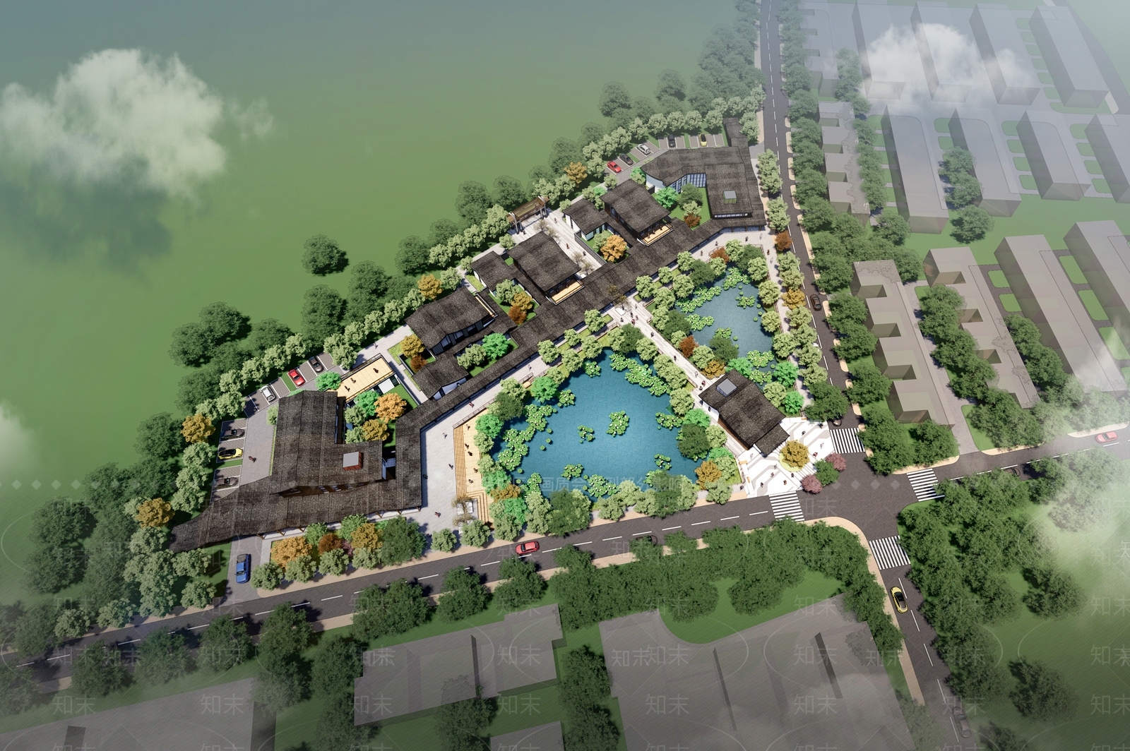 现代新中式民宿建筑SU模型下载【ID:1185405129】