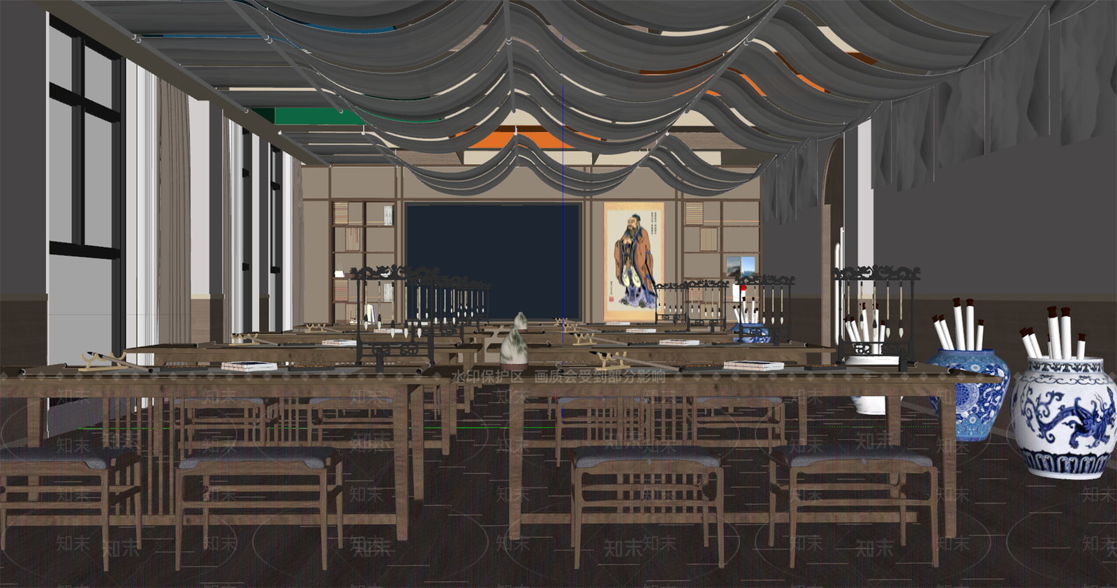 新中式教室SU模型下载【ID:1185407759】