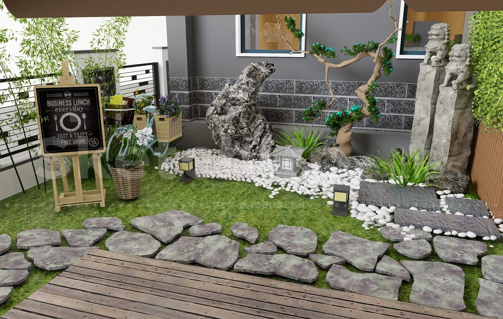 现代新中式别墅庭院SU模型下载【ID:1185473725】