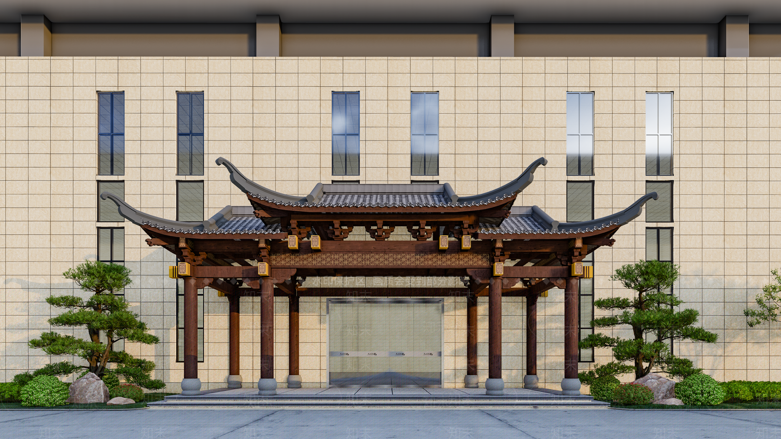新中式中式医院建筑SU模型下载【ID:1185509059】
