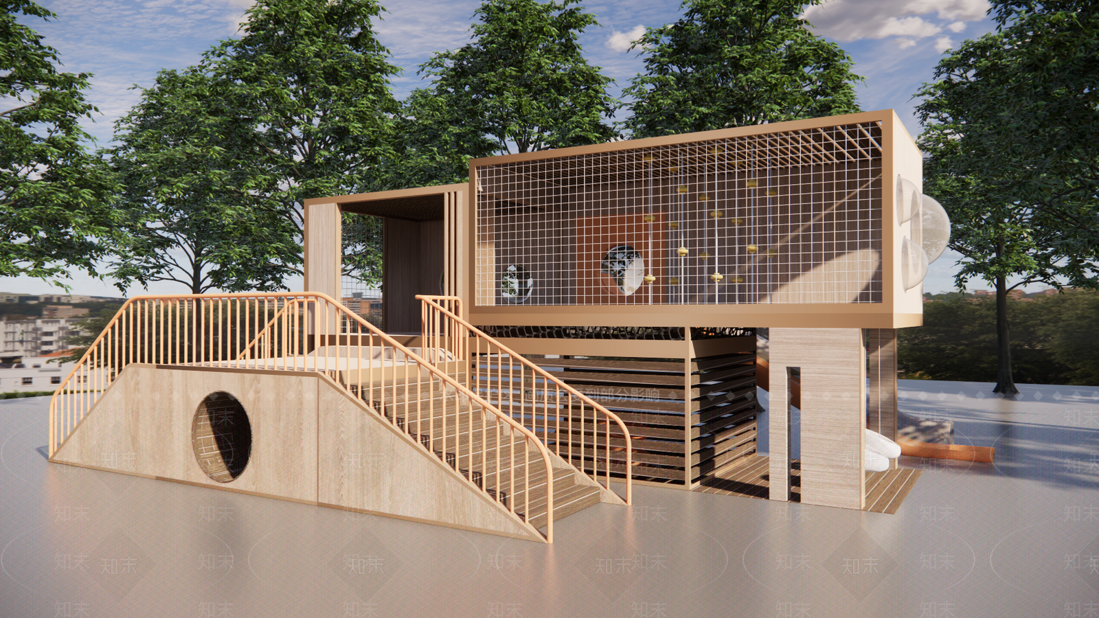 现代原木儿童游乐区SU模型下载【ID:1185518475】