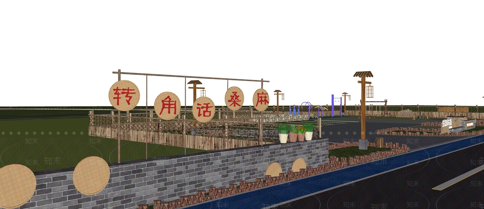 现代中式滨水景观SU模型下载【ID:1185521959】