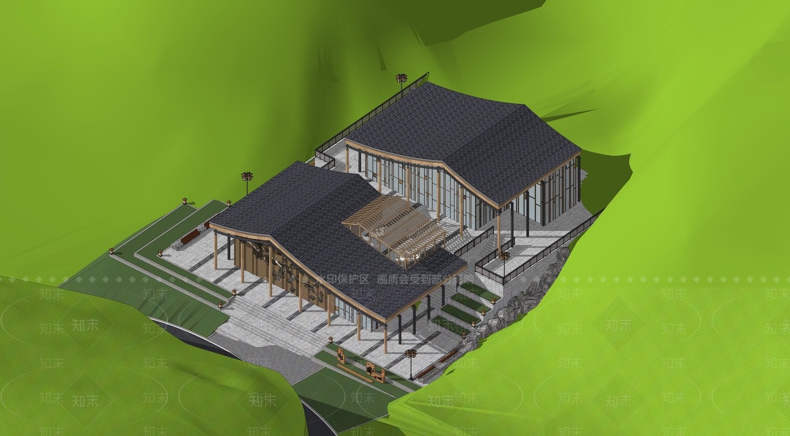 新中式民宿建筑SU模型下载【ID:1185603297】