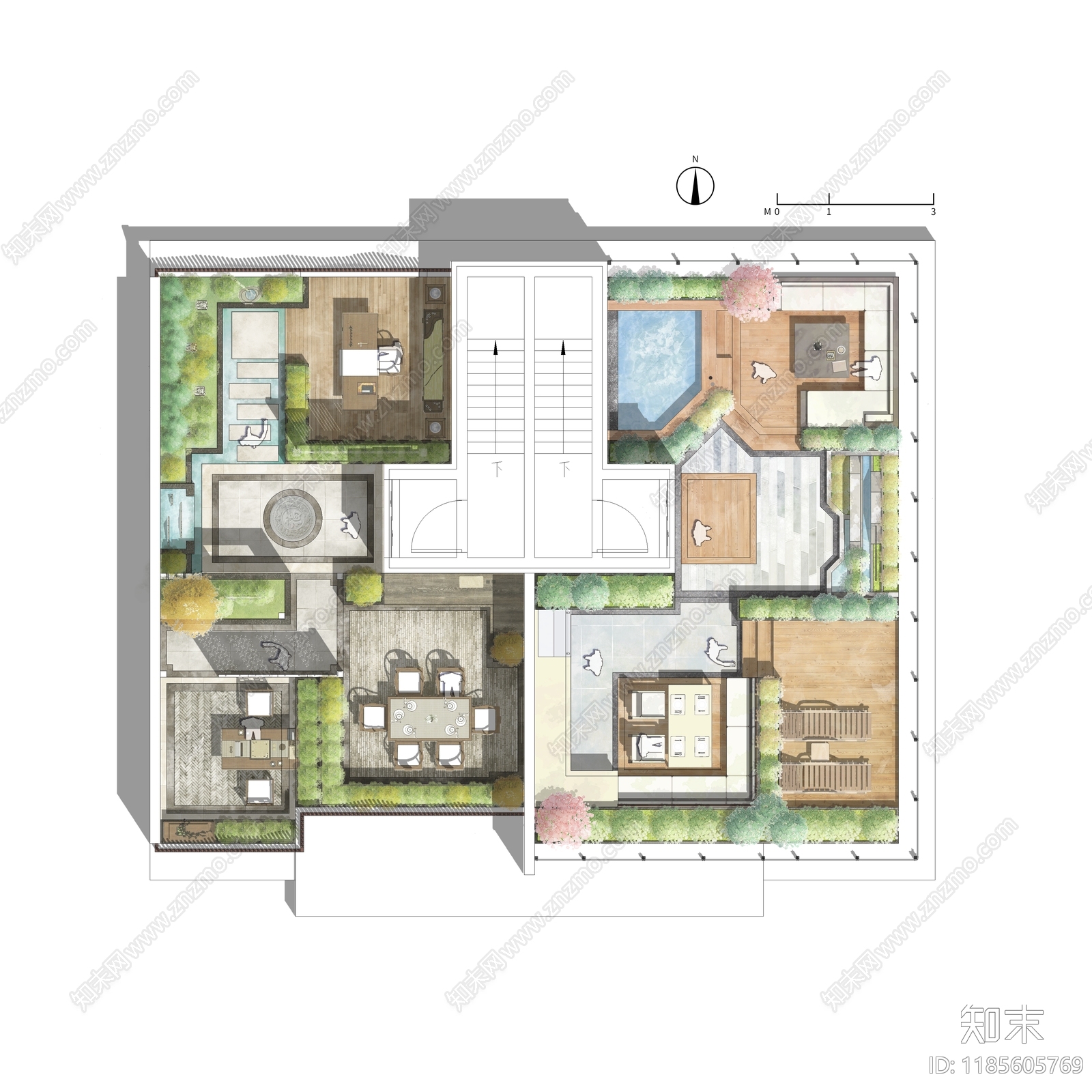 现代新中式景观彩平图下载【ID:1185605769】