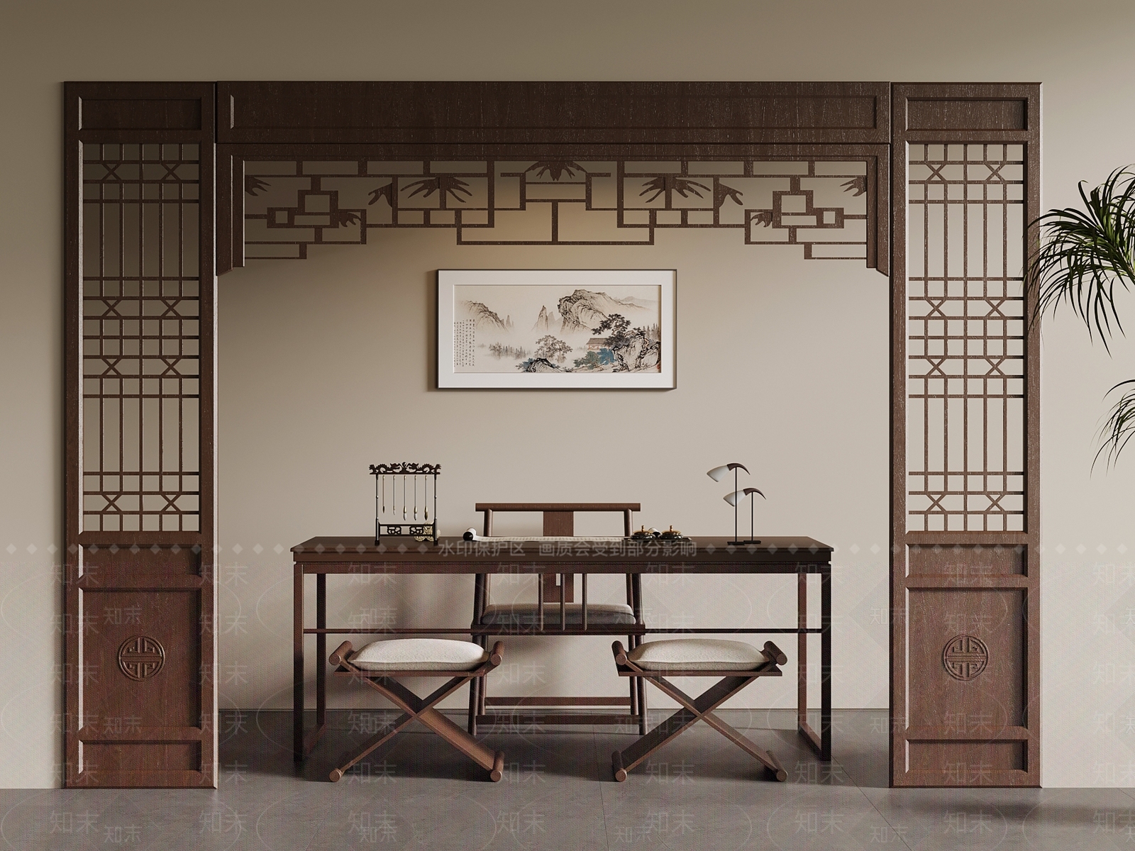 新中式书桌椅SU模型下载【ID:1185617337】