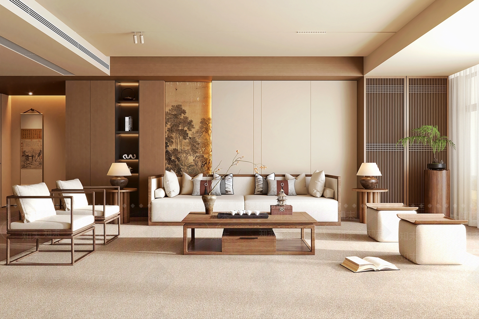 新中式家居客厅SU模型下载【ID:1185619837】_知末su模型网