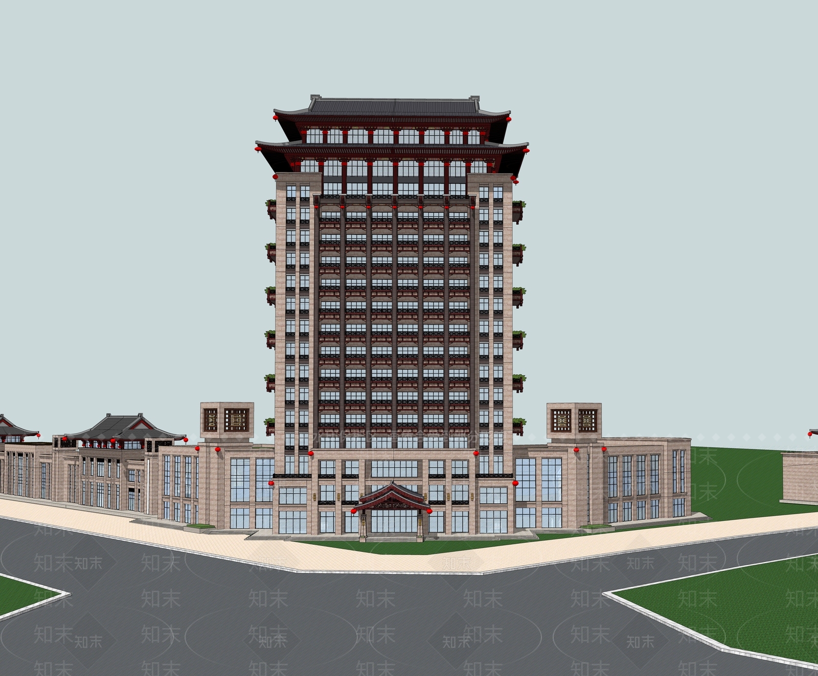 新中式酒店建筑SU模型下载【ID:1185699559】