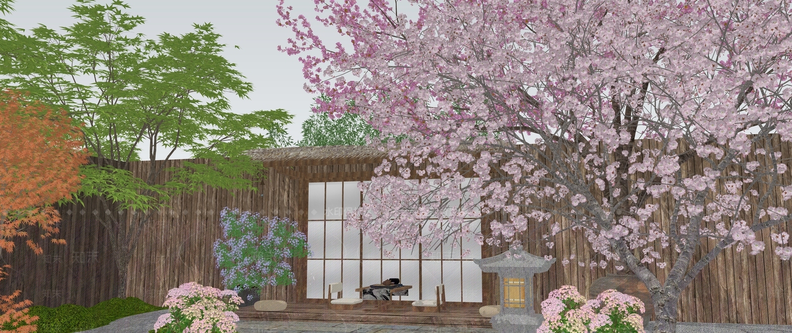 中式日式别墅庭院SU模型下载【ID:1185821965】
