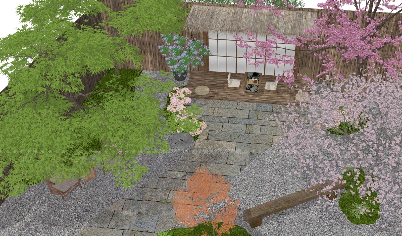 中式日式别墅庭院SU模型下载【ID:1185821965】