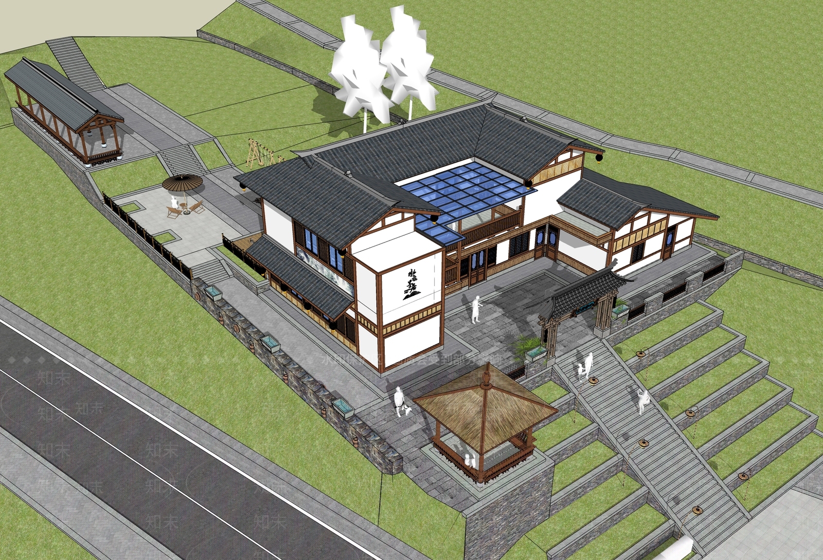 新中式民宿建筑SU模型下载【ID:1185750501】