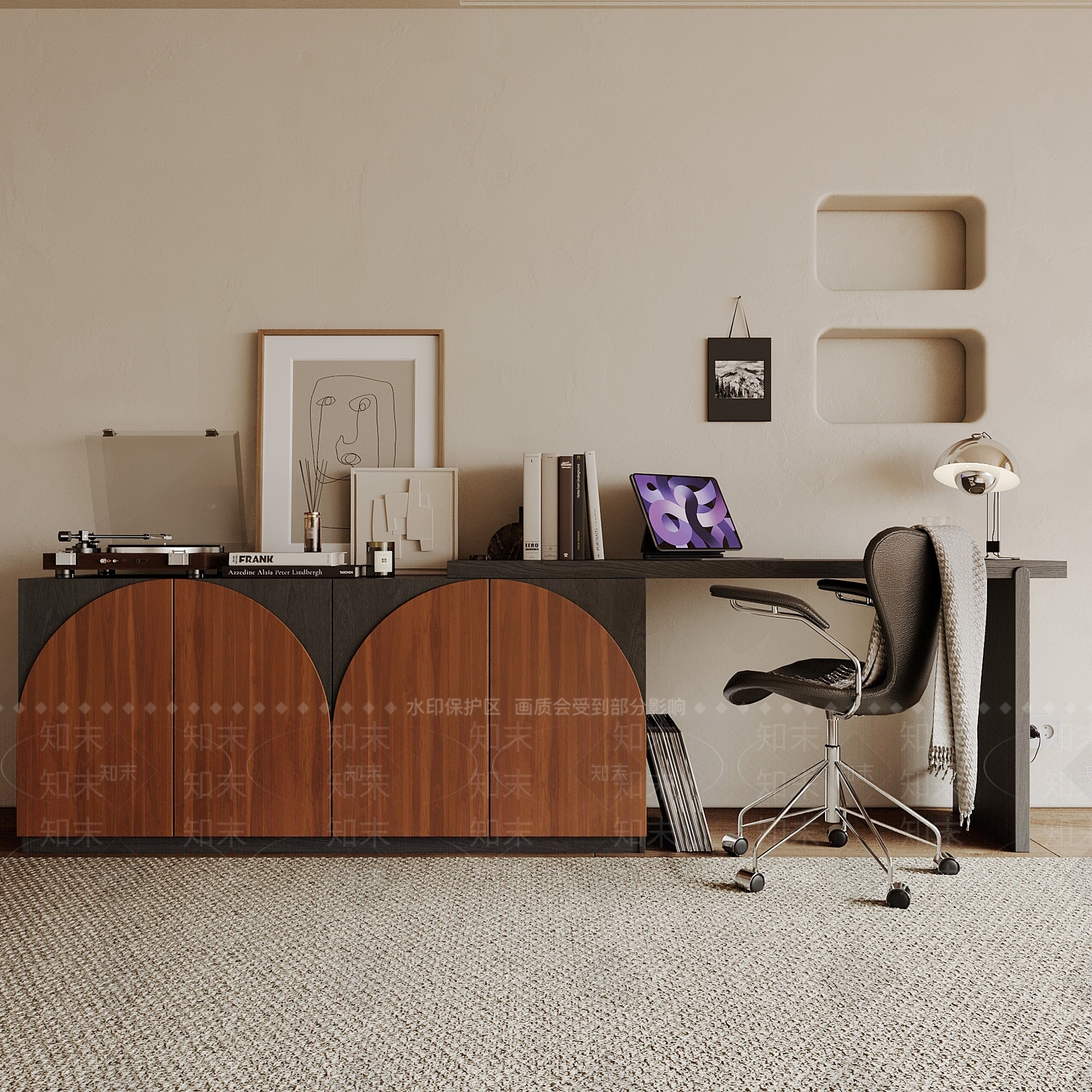 现代中古风实木床尾书桌梳妆台3D模型下载【ID:1185753263】