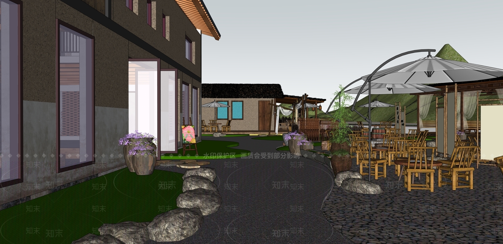 新中式原木乡村庭院SU模型下载【ID:1185891638】