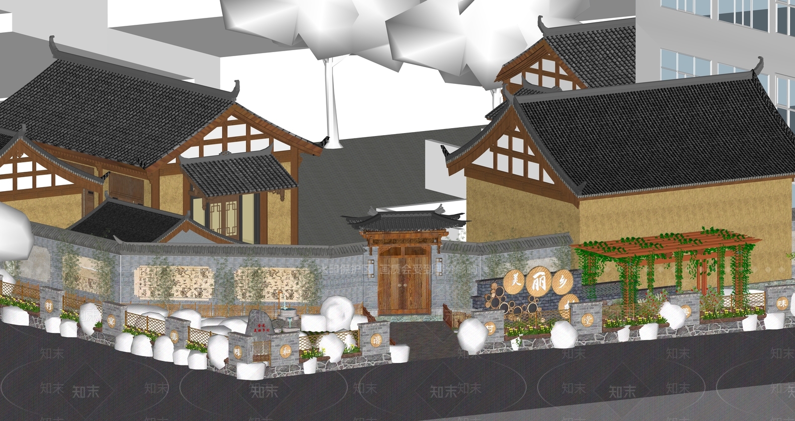 新中式中式乡村庭院SU模型下载【ID:1185782308】