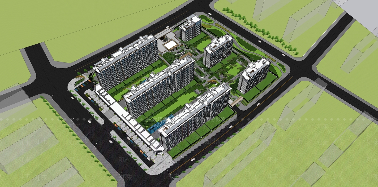 现代轻奢小区建筑SU模型下载【ID:1185835089】