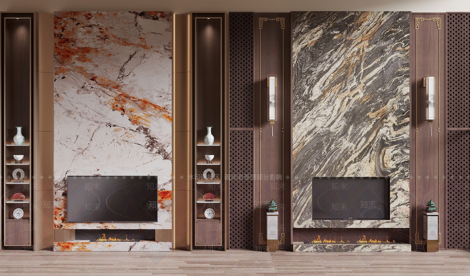 新中式电视背景墙3D模型下载【ID:1185846597】