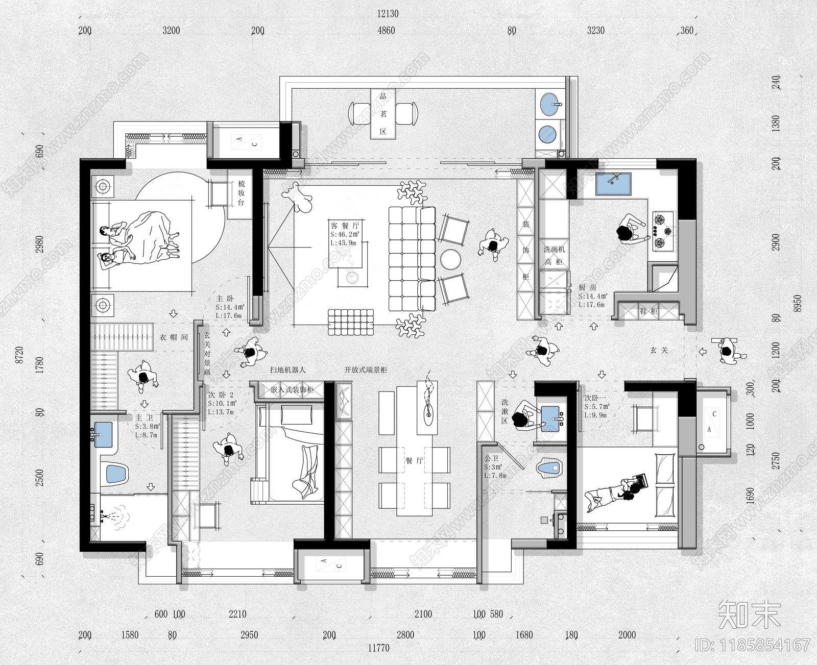 小户型平层施工图下载【ID:1185854167】