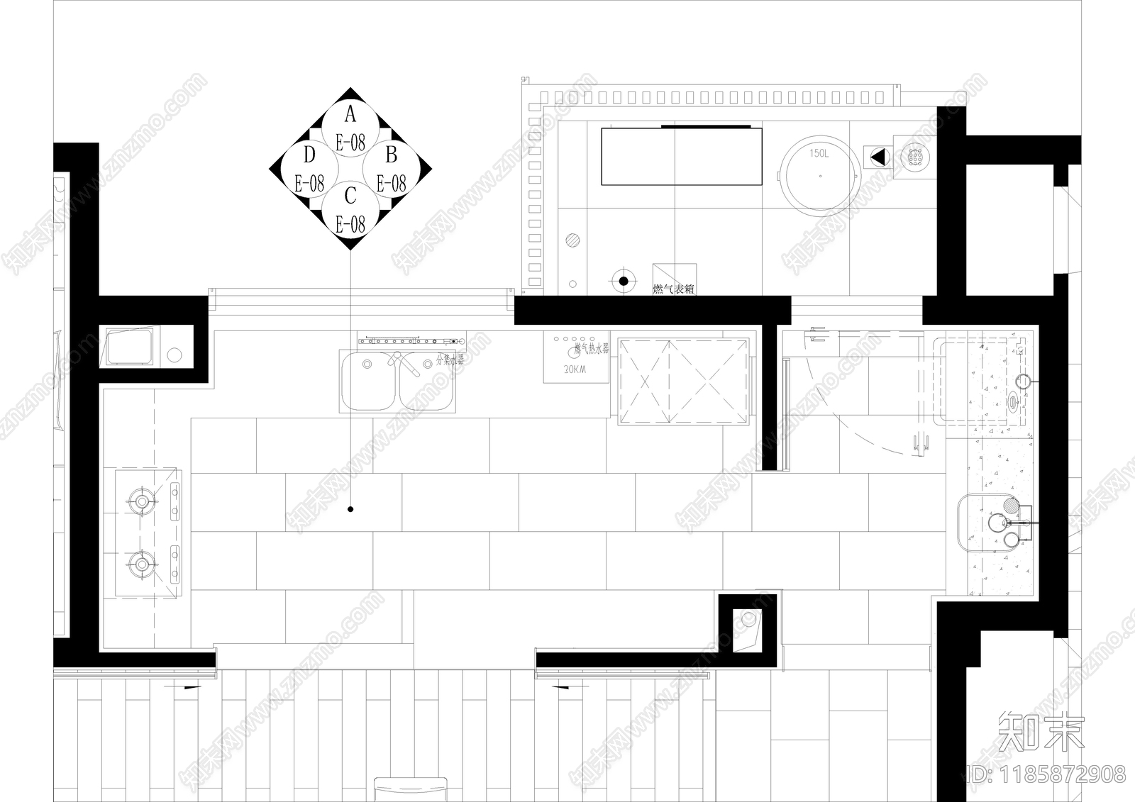 现代厨房cad施工图下载【ID:1185872908】