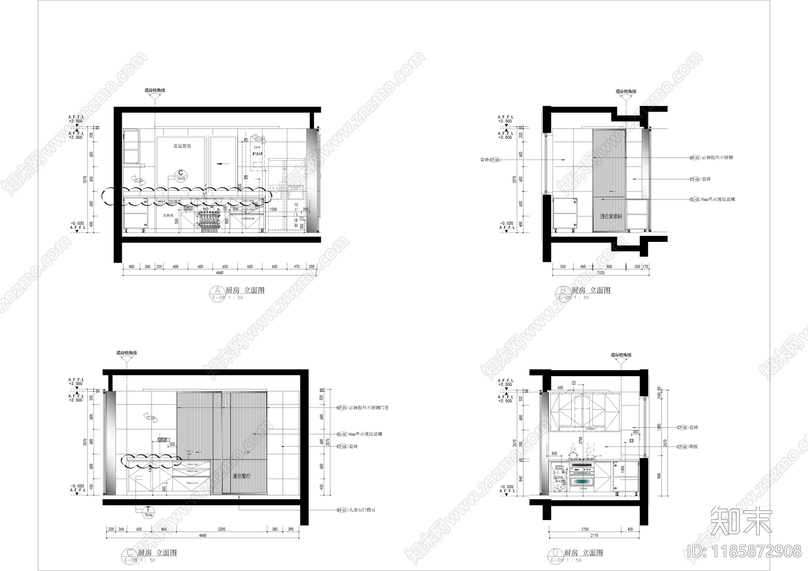 现代厨房cad施工图下载【ID:1185872908】