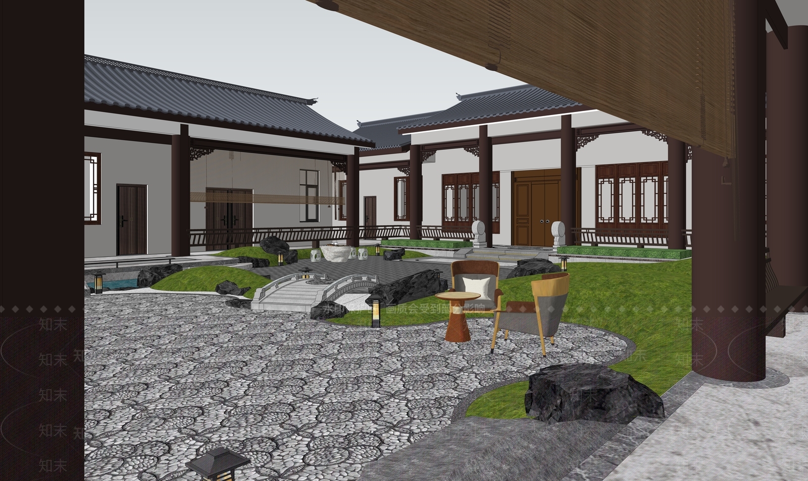 中式别墅庭院SU模型下载【ID:1185901758】