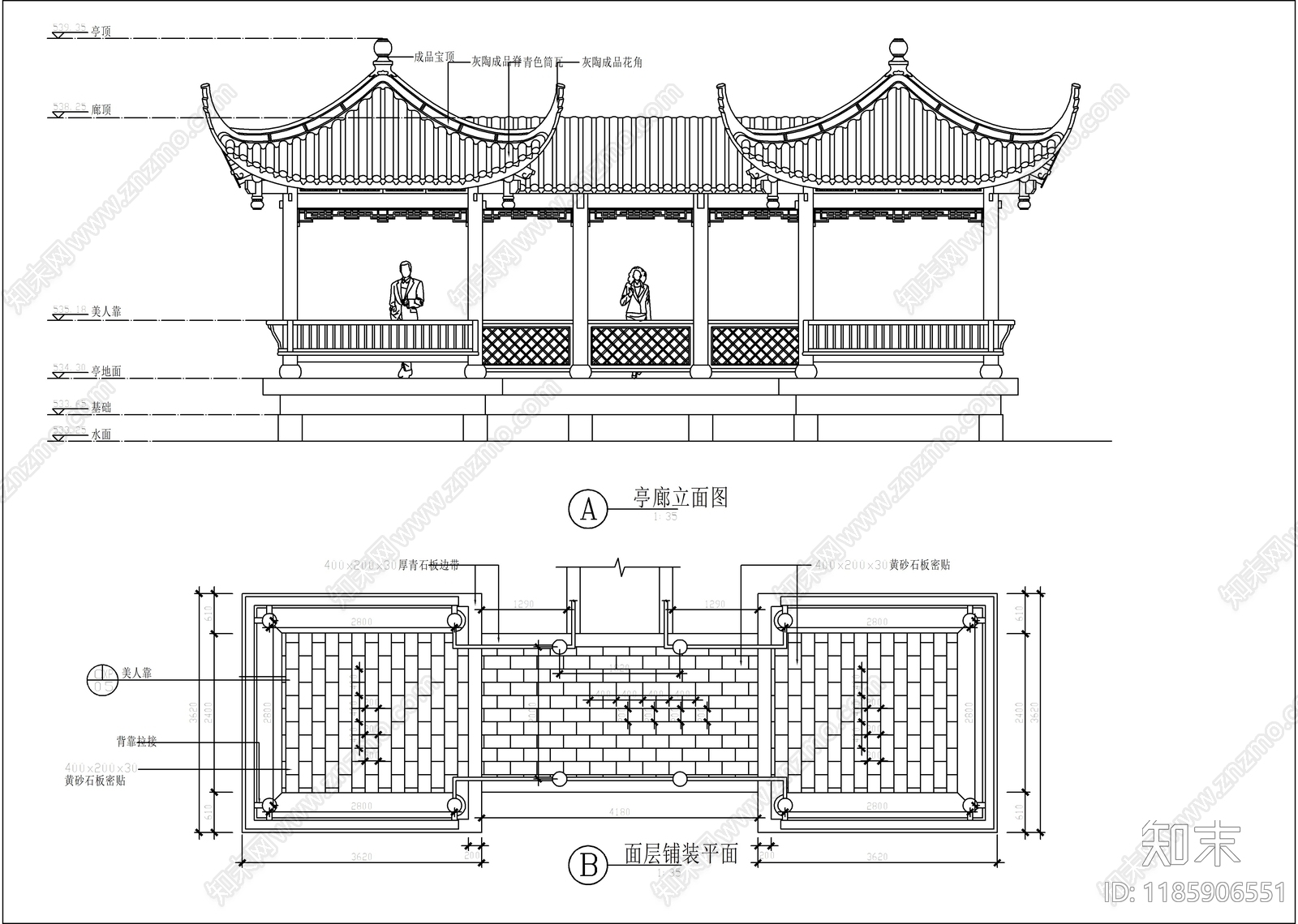 中式廊架cad施工图下载【ID:1185906551】
