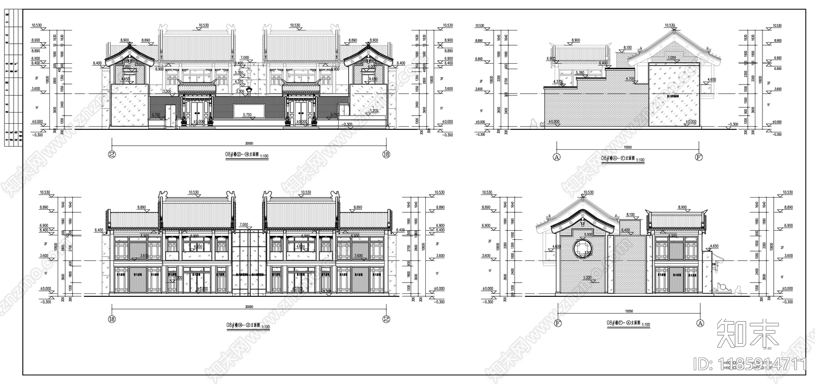 中式新中式别墅建筑施工图下载【ID:1185914711】