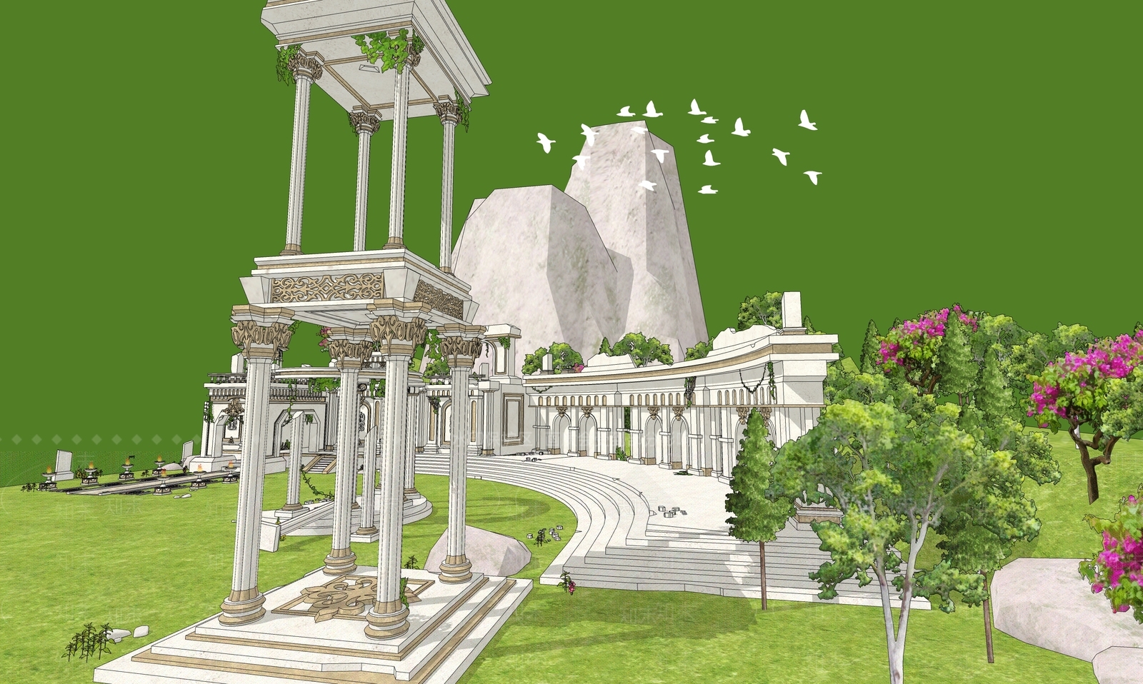 简欧古建筑SU模型下载【ID:1185918430】