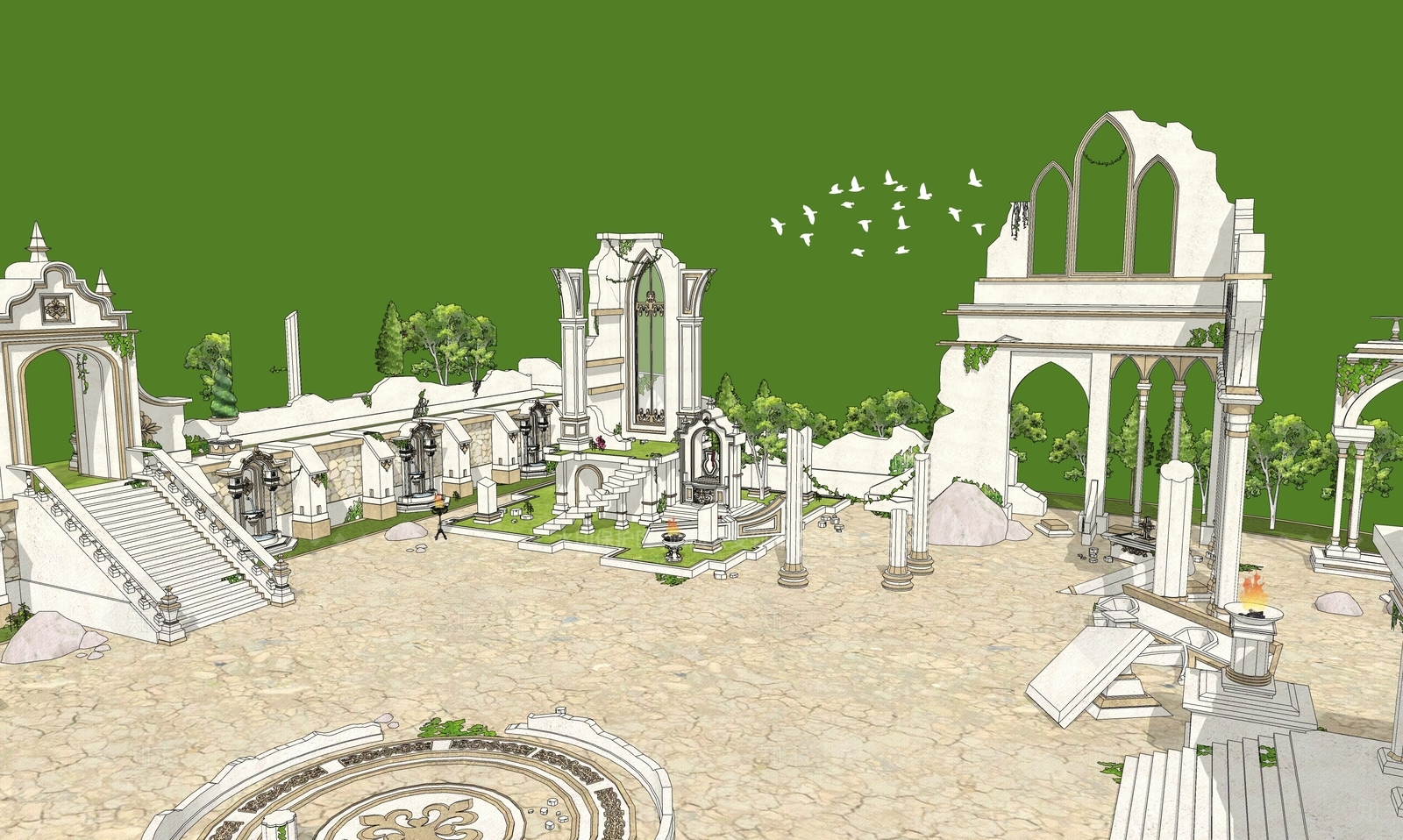 简欧古建筑SU模型下载【ID:1185918927】