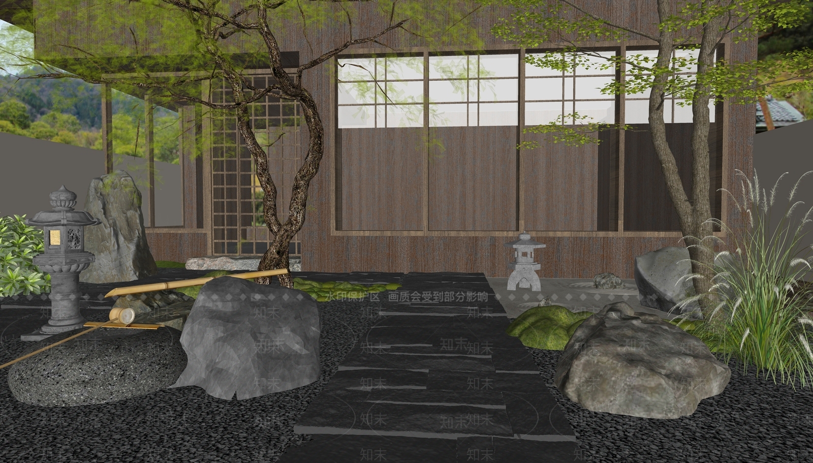 新中式日式园路SU模型下载【ID:1185935345】