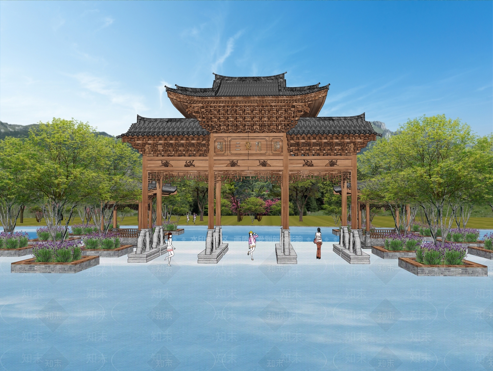 现代新中式入口大门SU模型下载【ID:1185959888】
